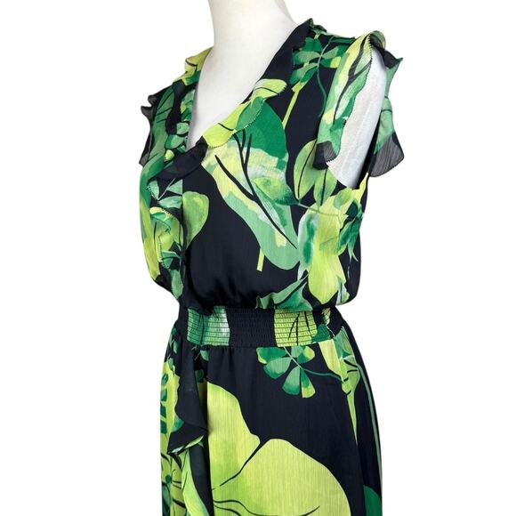 White House Black Market Green Tropical Leaf Print Black Chiffon Ruffle Dress - Picture 5 of 10